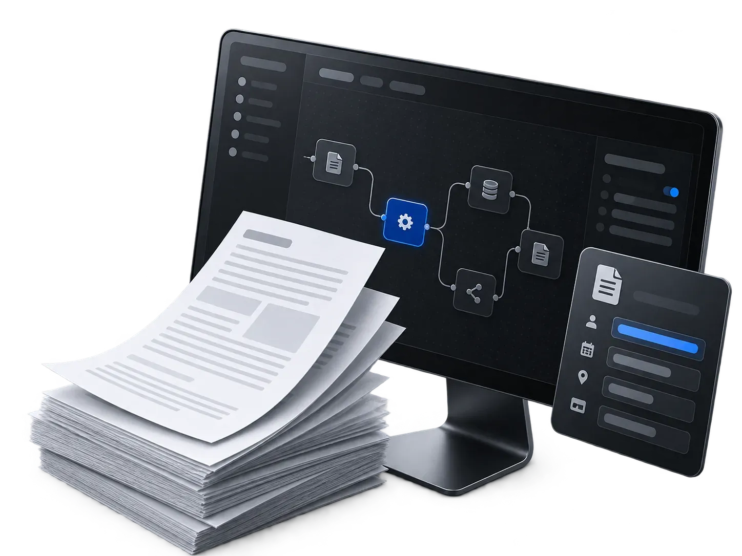 Monitor with an automation workflow, a stack of documents and an extracted-fields card