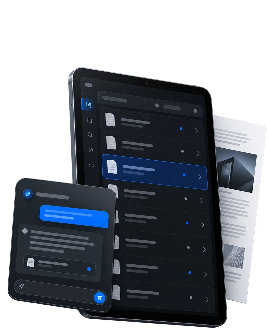 Tablet with a review queue, an assistant answer panel and a source document
