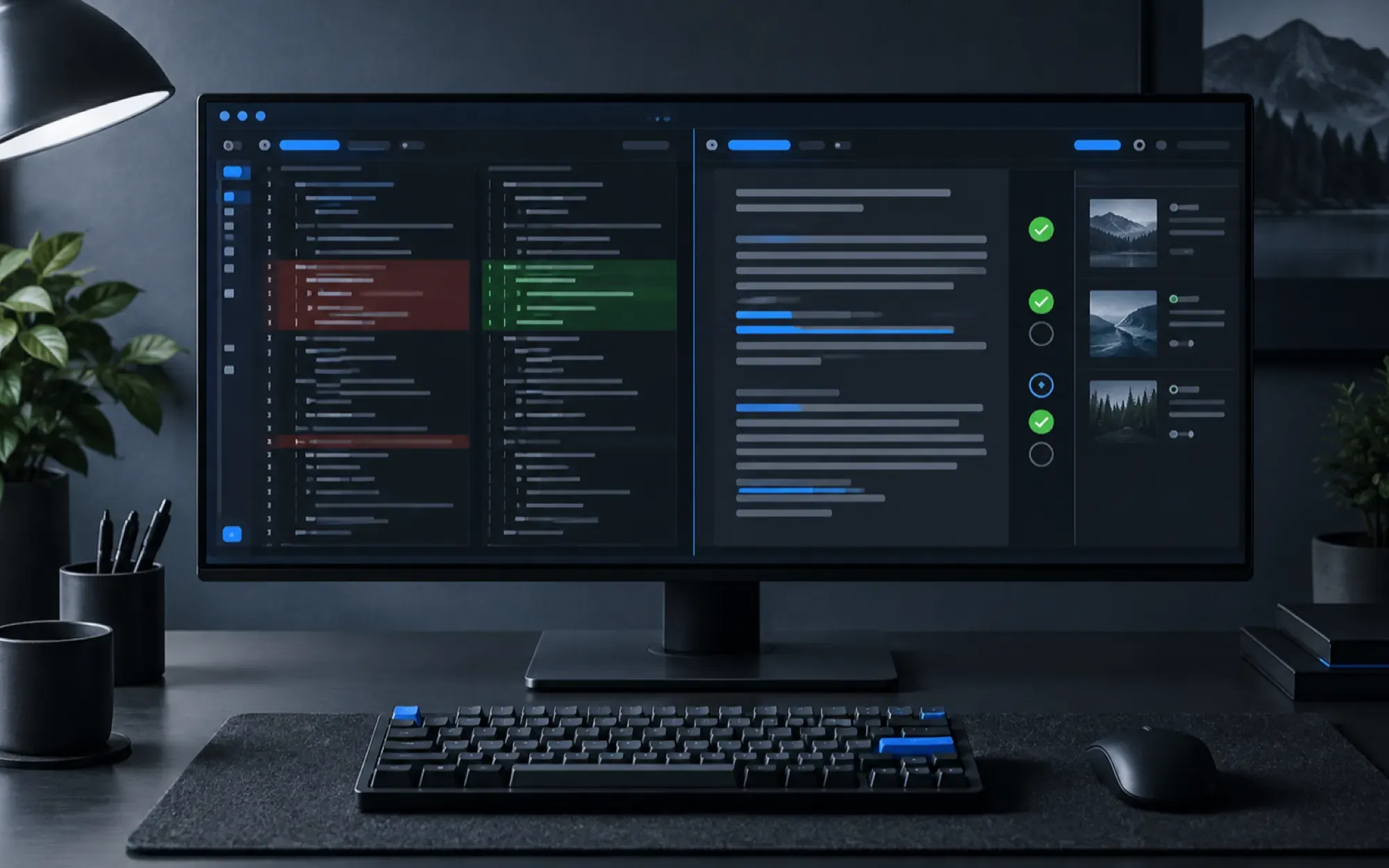 Code review and copy review shown side by side on a wide monitor