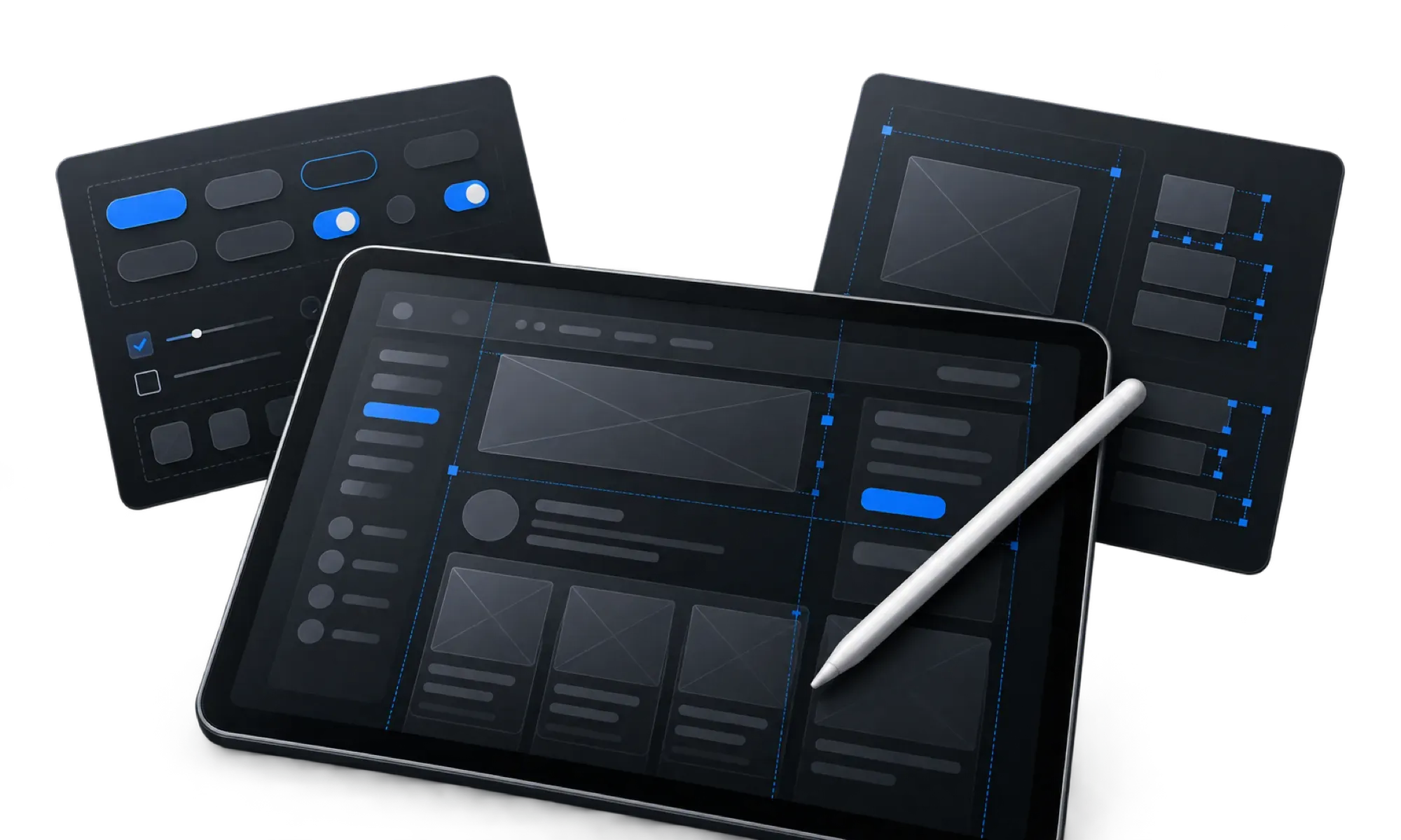 Tablet, interface wireframes and component inspection panels with blue guides