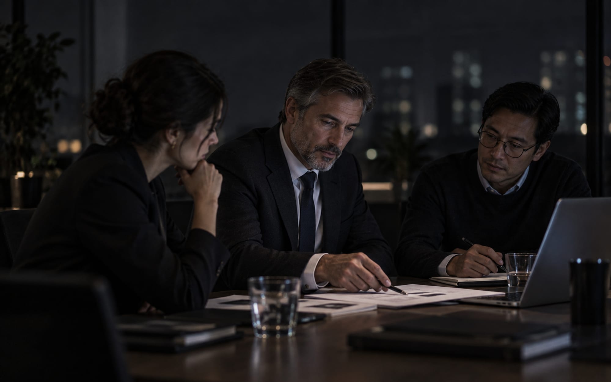 Executive in a suit reviewing documents with two colleagues in a boardroom