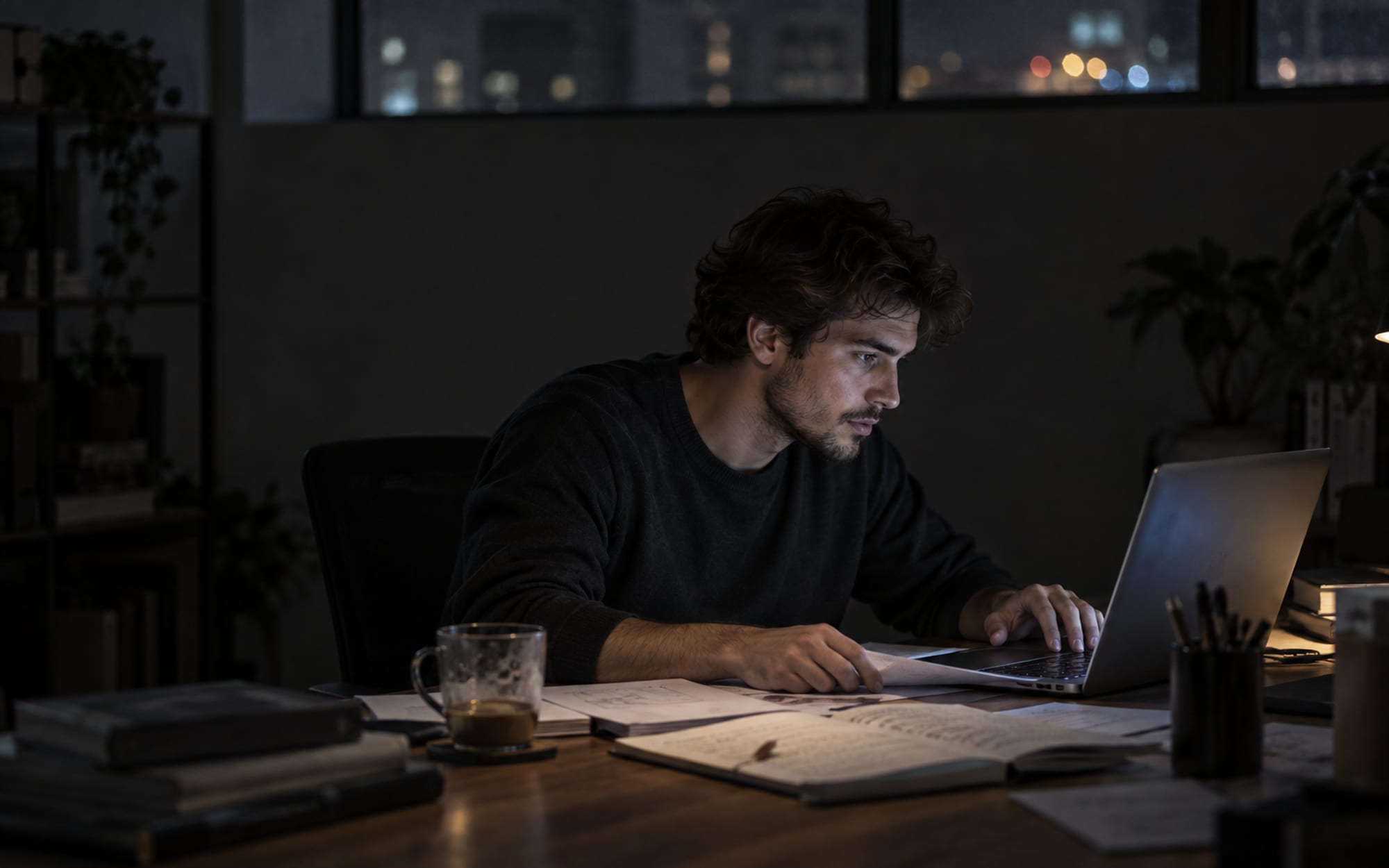 Founder working late at a laptop with papers and a cold coffee on the desk