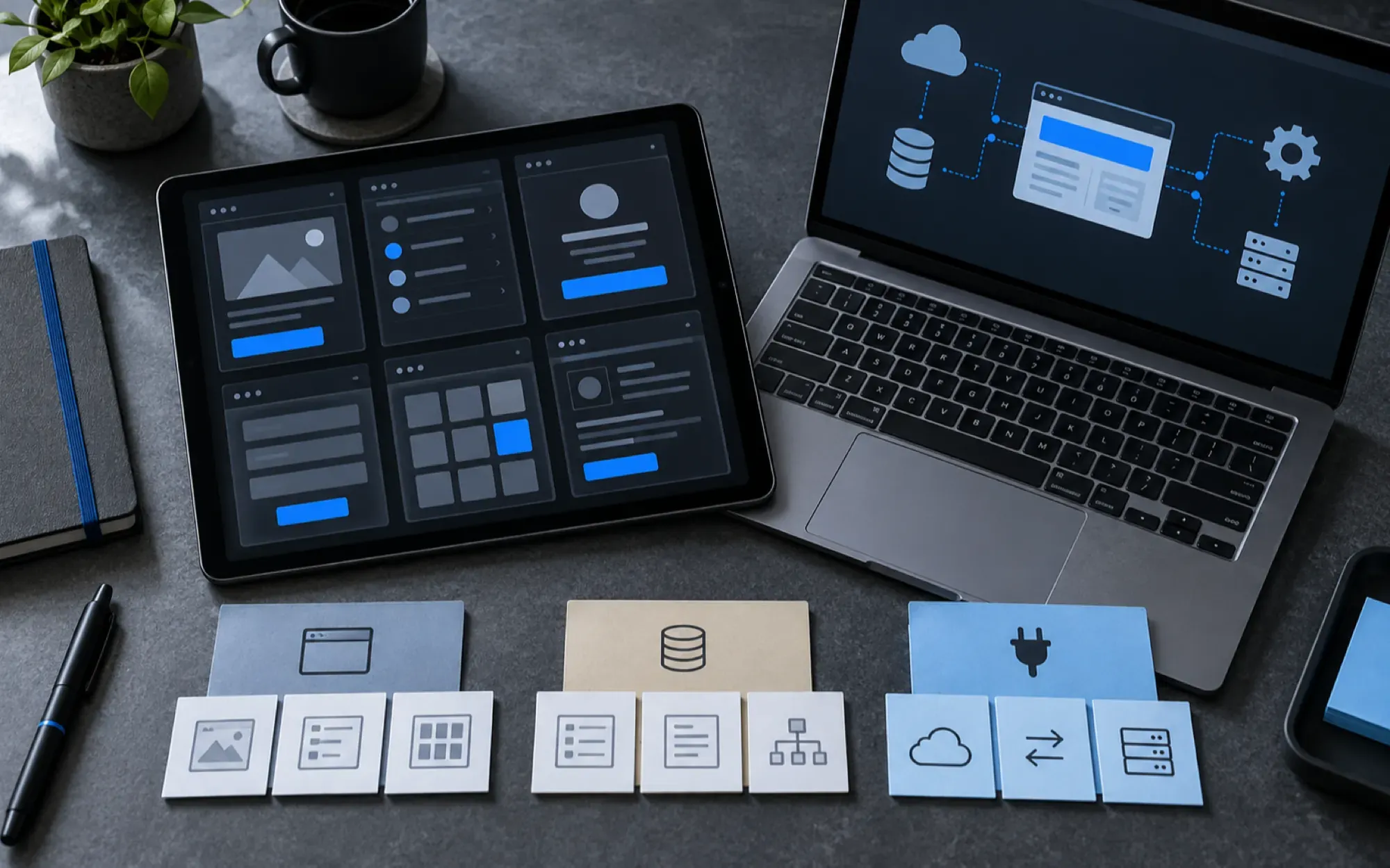 Product planning desk with interface screens, integrations and data grouped into a project scope
