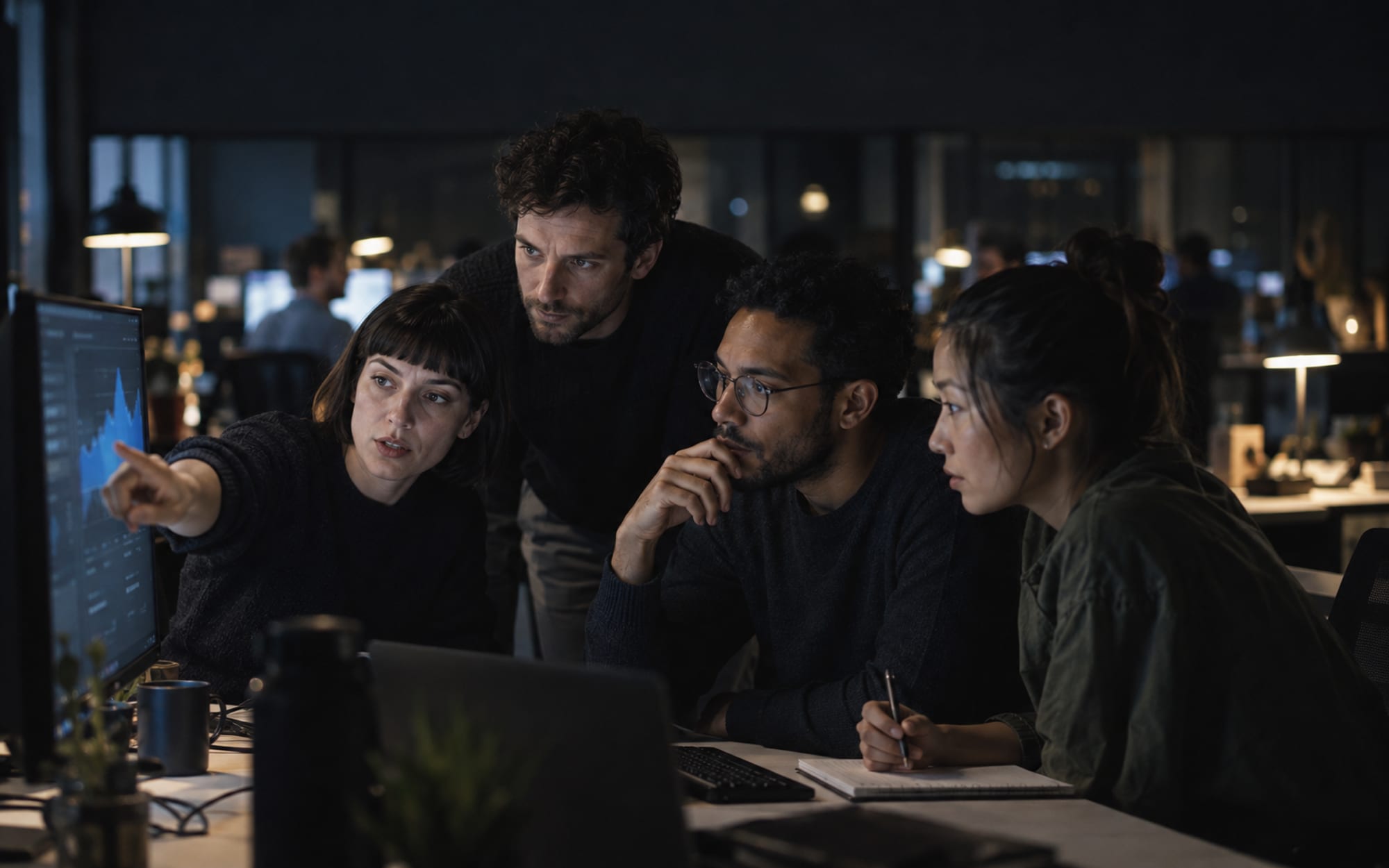 Four colleagues leaning toward a monitor while one points at a blue chart
