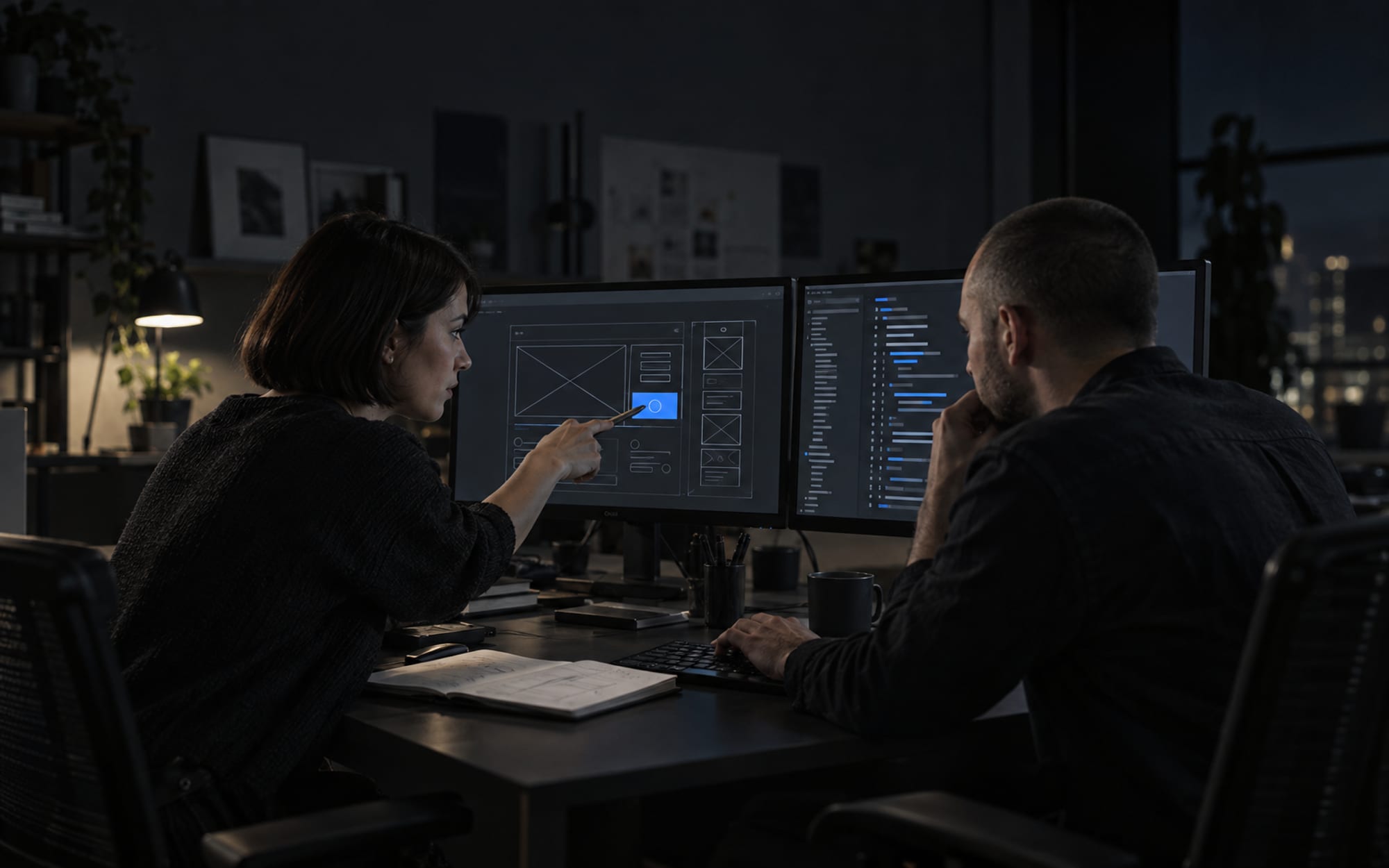 Designer and developer discussing wireframes and code at a shared desk