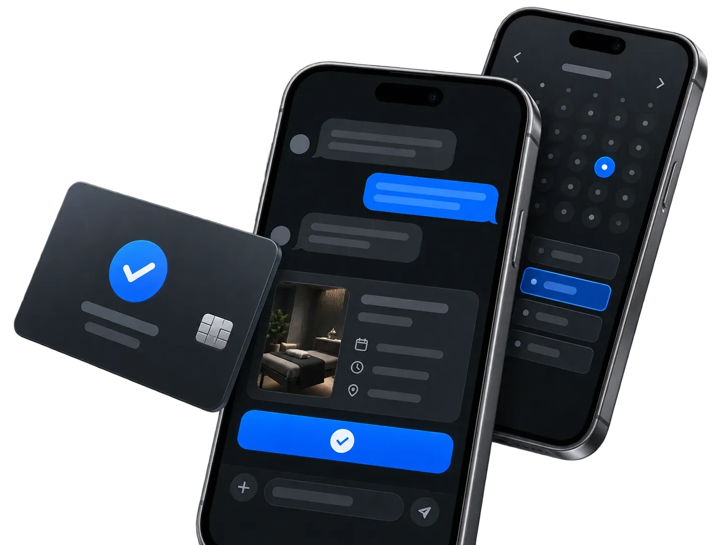 Two phones showing a booking chat and a mini app calendar, with a payment card