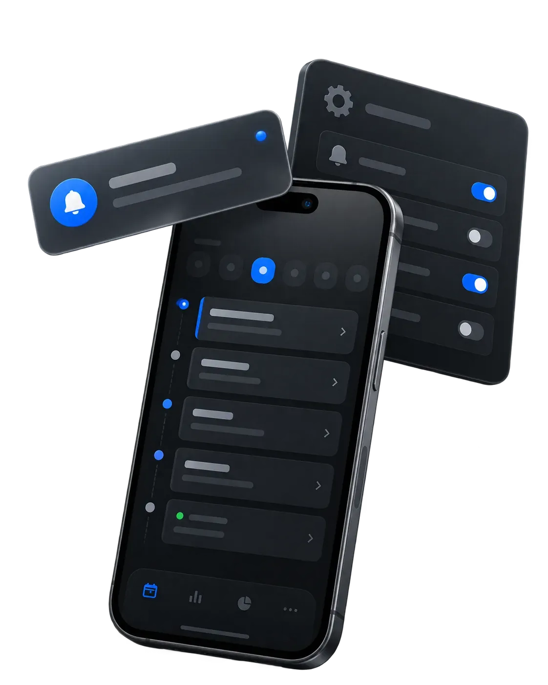 Phone with an admin schedule, a reminder card and a settings panel