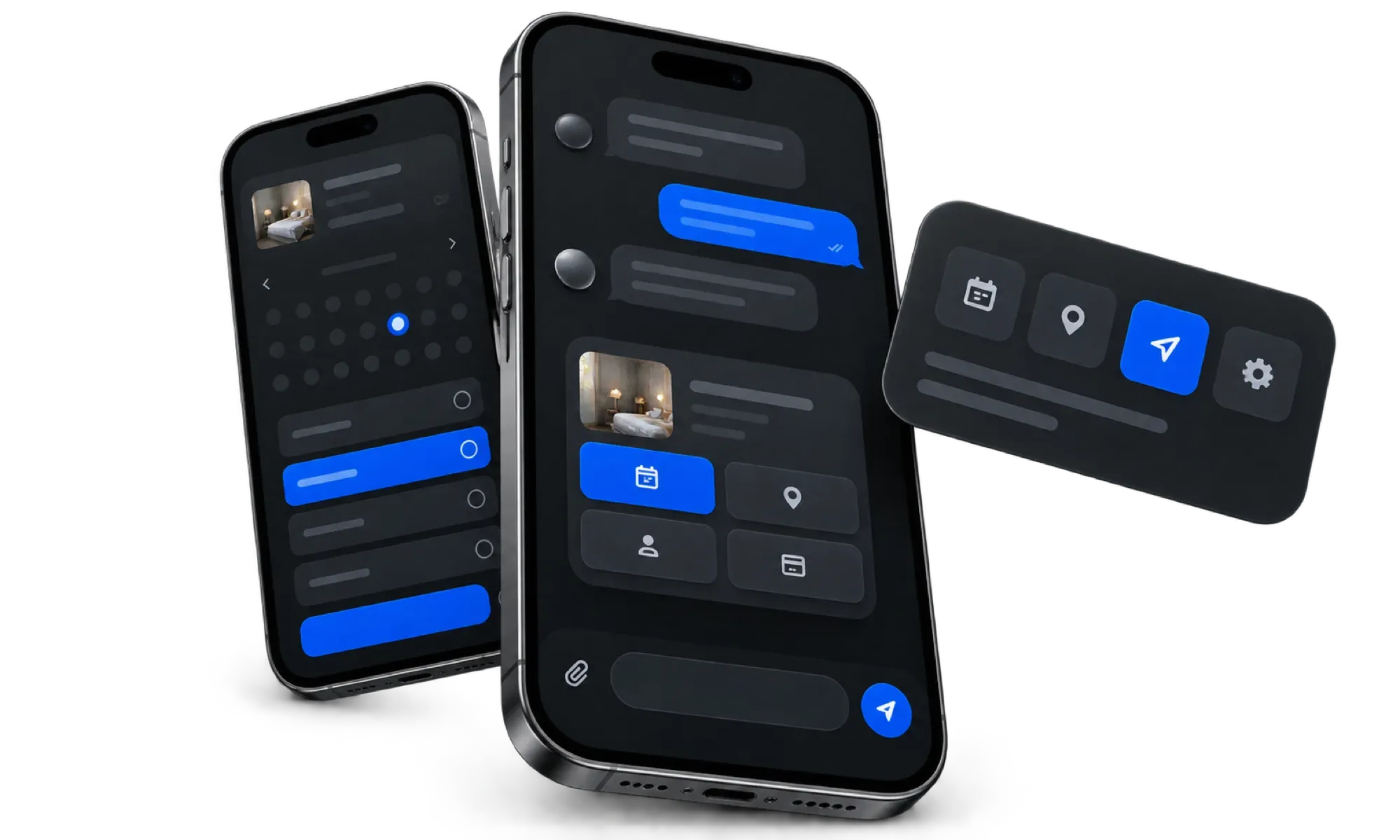 Smartphones showing a dark booking and messaging flow with blue actions