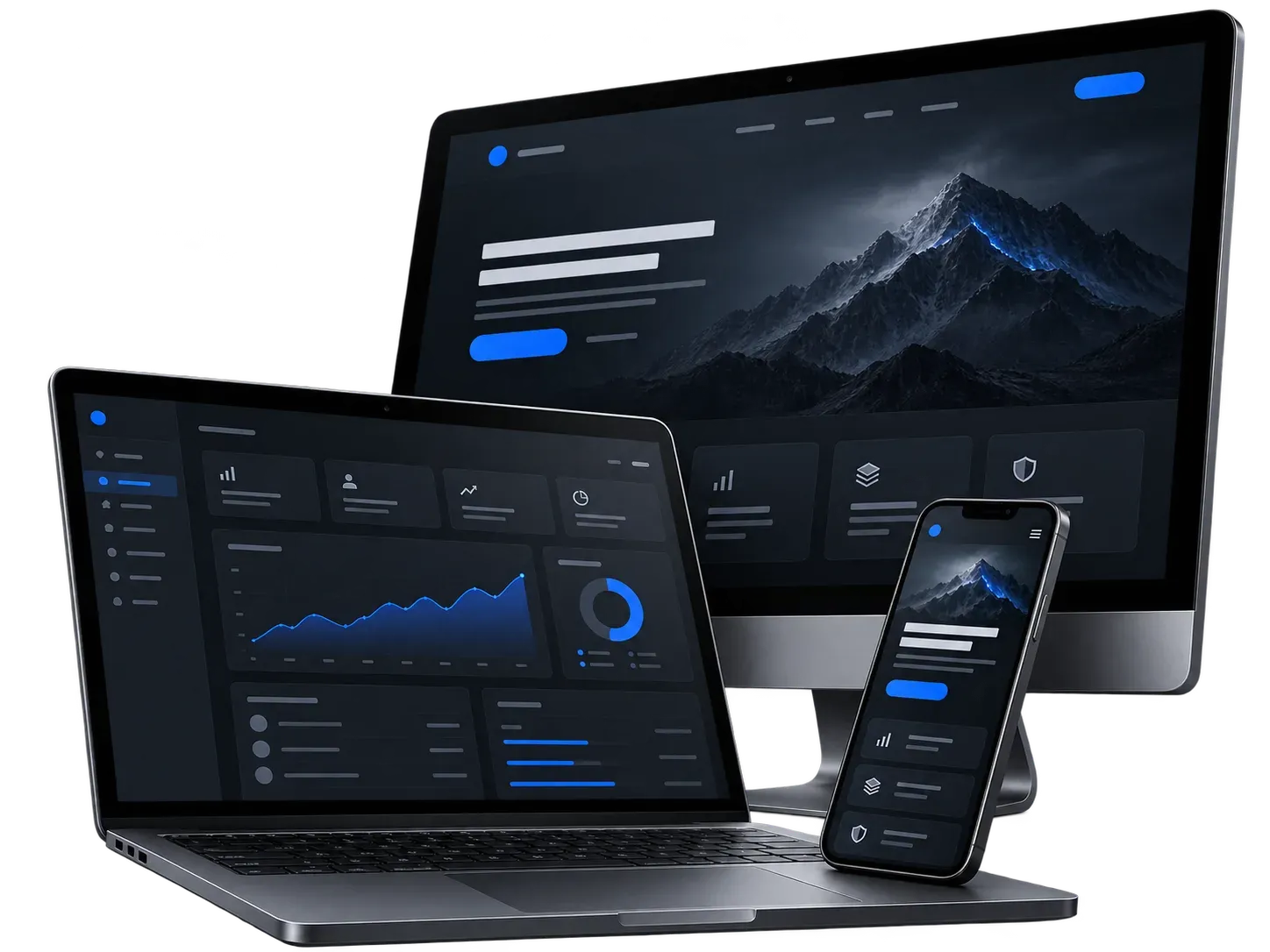 Monitor, laptop and phone showing one dark website across screen sizes