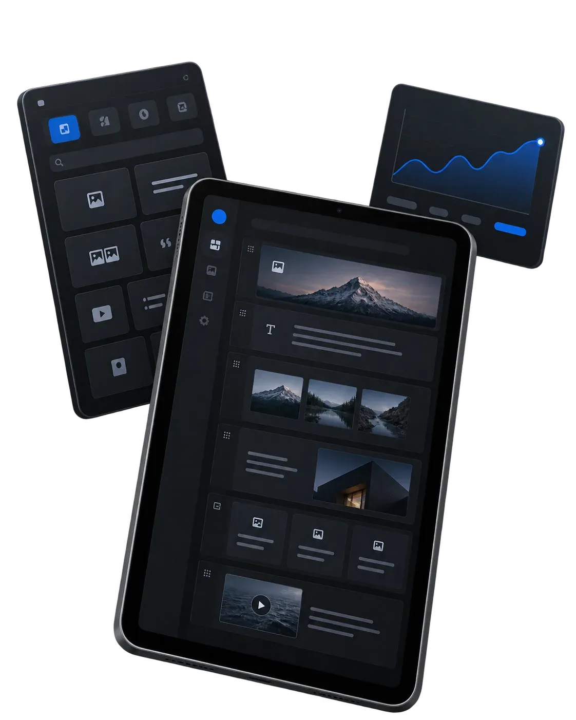 Tablet with a CMS page editor, a component panel and an analytics card