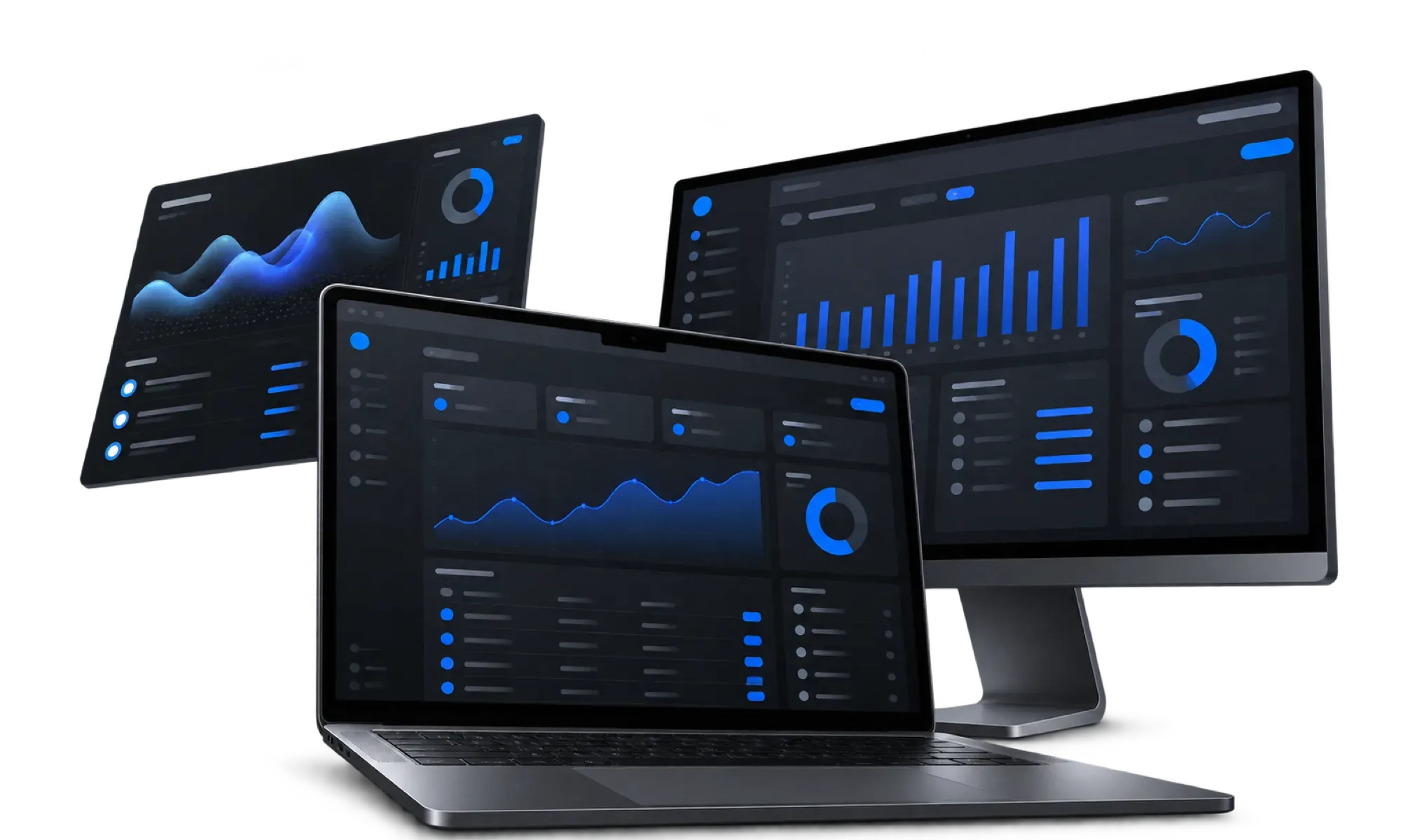 Laptop, monitor and dashboard panels showing dark web application interfaces