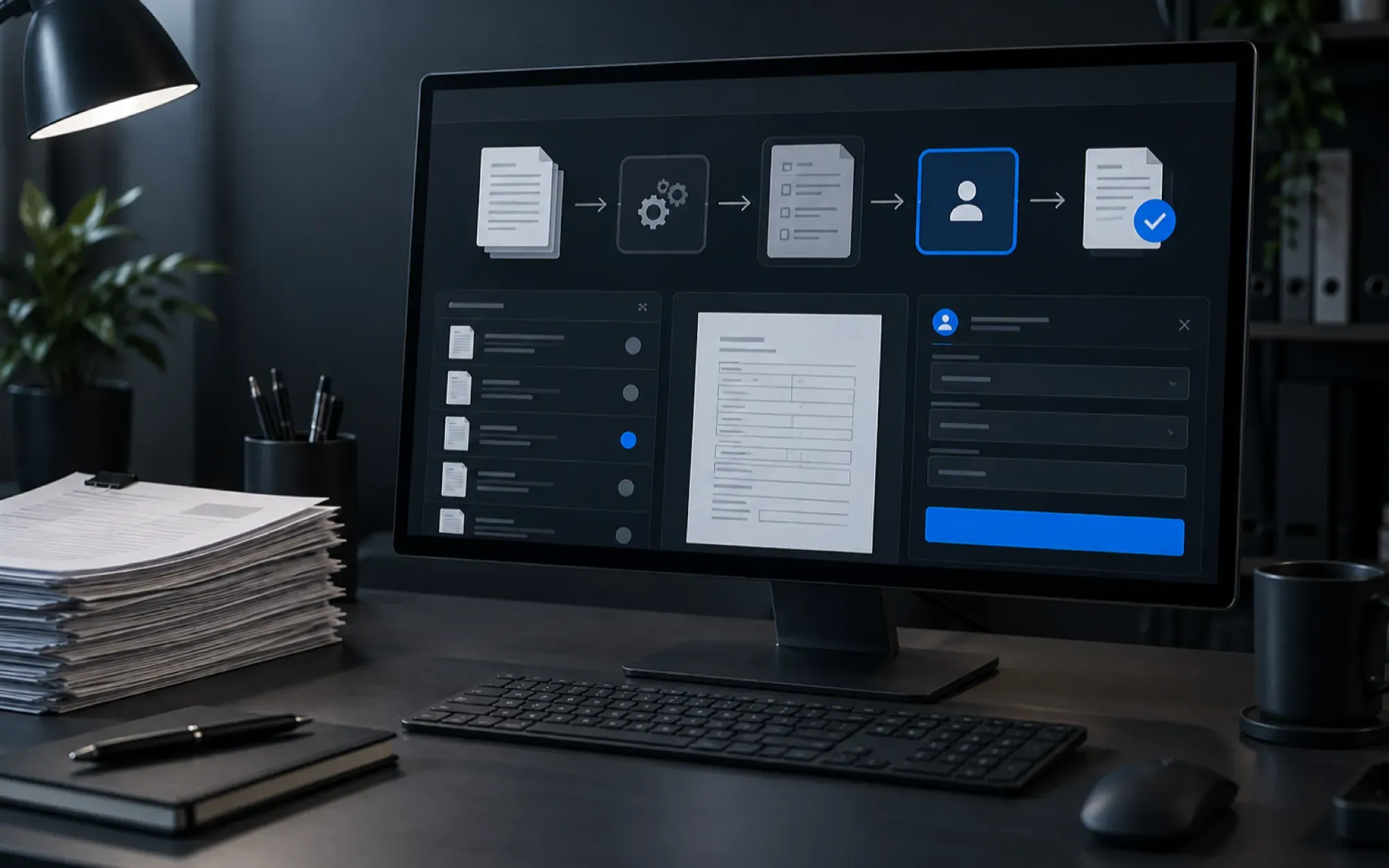 Document processing queue on a monitor beside a stack of incoming forms